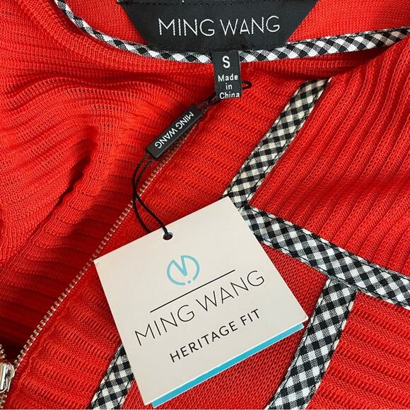 Ming Wang Poppy Red Gingham Trim Zip Front Long Sweater Jacket Womens S new nwt - Picture 15 of 16